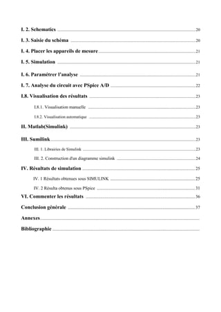 I. 2. Schematics .......................................................................................................................................20
I. 3. Saisie du schéma ..........................................................................................................................20
I. 4. Placer les appareils de mesure...............................................................................................21
I. 5. Simulation .......................................................................................................................................21
I. 6. Paramétrer l’analyse .................................................................................................................21
I. 7. Analyse du circuit avec PSpice A/D ...................................................................................22
I.8. Visualisation des résultats ........................................................................................................23
I.8.1. Visualisation manuelle .........................................................................................................23
I.8.2. Visualisation automatique ........................................................................................................23
II. Matlab(Simulink) ...........................................................................................................................23
III. Sumilink..............................................................................................................................................23
III. 1. Librairies de Simulink ..............................................................................................................23
III. 2. Construction d'un diagramme simulink .............................................................................24
IV. Résultats de simulation .....................................................................................................25
IV. 1 Résultats obtenues sous SIMULINK ............................................................................25
IV. 2 Résulta obtenus sous PSpice ........................................................................................31
VI. Commenter les résultats ..................................................................................................36
Conclusion générale ..................................................................................................................37
Annexes...............................................................................................................................................
Bibliographie ....................................................................................................................................
 
