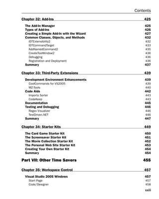 xxiii
Contents
Chapter 32: Add-Ins 425
The Add-In Manager 425
Types of Add-Ins 426
Creating a Simple Add-In with the Wizard 427
Common Classes, Objects, and Methods 432
IDTExtensibility2 432
IDTCommandTarget 433
AddNamedCommand2 435
CreateToolWindow2 436
Debugging 436
Registration and Deployment 436
Summary 437
Chapter 33: Third-Party Extensions 439
Development Environment Enhancements 439
CoolCommands for VS2005 439
MZ-Tools 440
Code Aids 442
Imports Sorter 443
CodeKeep 443
Documentation 445
Testing and Debugging 446
Regex Visualizer 446
TestDriven.NET 446
Summary 447
Chapter 34: Starter Kits 449
The Card Game Starter Kit 450
The Screensaver Starter Kit 451
The Movie Collection Starter Kit 452
The Personal Web Site Starter Kit 453
Creating Your Own Starter Kit 454
Summary 454
Part VII: Other Time Savers 455
Chapter 35: Workspace Control 457
Visual Studio 2005 Windows 457
Start Page 457
Code/Designer 458
 