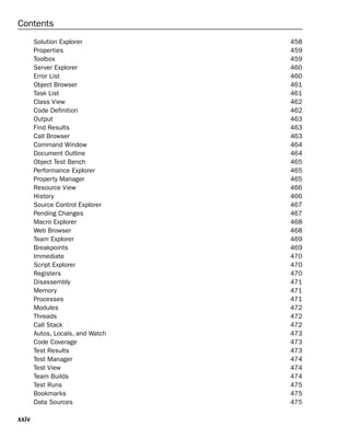 xxiv
Contents
Solution Explorer 458
Properties 459
Toolbox 459
Server Explorer 460
Error List 460
Object Browser 461
Task List 461
Class View 462
Code Definition 462
Output 463
Find Results 463
Call Browser 463
Command Window 464
Document Outline 464
Object Test Bench 465
Performance Explorer 465
Property Manager 465
Resource View 466
History 466
Source Control Explorer 467
Pending Changes 467
Macro Explorer 468
Web Browser 468
Team Explorer 469
Breakpoints 469
Immediate 470
Script Explorer 470
Registers 470
Disassembly 471
Memory 471
Processes 471
Modules 472
Threads 472
Call Stack 472
Autos, Locals, and Watch 473
Code Coverage 473
Test Results 473
Test Manager 474
Test View 474
Team Builds 474
Test Runs 475
Bookmarks 475
Data Sources 475
 