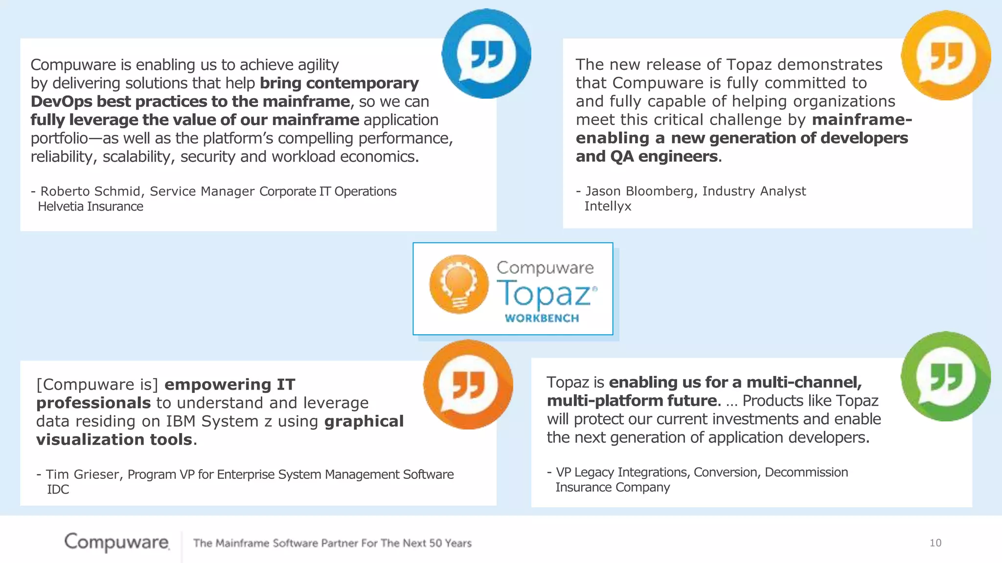 10
The new release of Topaz demonstrates
that Compuware is fully committed to
and fully capable of helping organizations
meet this critical challenge by mainframe-
enabling a new generation of developers
and QA engineers.
- Jason Bloomberg, Industry Analyst
Intellyx
Compuware is enabling us to achieve agility
by delivering solutions that help bring contemporary
DevOps best practices to the mainframe, so we can
fully leverage the value of our mainframe application
portfolio—as well as the platform’s compelling performance,
reliability, scalability, security and workload economics.
- Roberto Schmid, Service Manager Corporate IT Operations
Helvetia Insurance
Topaz is enabling us for a multi-channel,
multi-platform future. … Products like Topaz
will protect our current investments and enable
the next generation of application developers.
- VP Legacy Integrations, Conversion, Decommission
Insurance Company
[Compuware is] empowering IT
professionals to understand and leverage
data residing on IBM System z using graphical
visualization tools.
- Tim Grieser, Program VP for Enterprise System Management Software
IDC
 