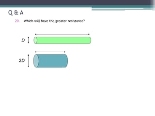 Q & A
20. Which will have the greater resistance?
D
2D
 