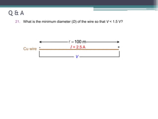 Q & A
21. What is the minimum diameter (D) of the wire so that V < 1.5 V?
Cu wire I = 2.5 A
- +
V

100 m
 