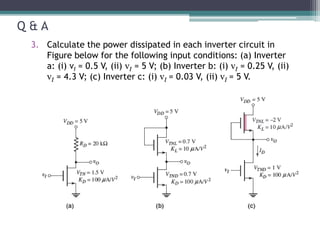 Q & A
3. Calculate the power dissipated in each inverter circuit in
Figure below for the following input conditions: (a) Inverter
a: (i) vI = 0.5 V, (ii) vI = 5 V; (b) Inverter b: (i) vI = 0.25 V, (ii)
vI = 4.3 V; (c) Inverter c: (i) vI = 0.03 V, (ii) vI = 5 V.
 