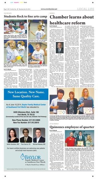 Page 10 ★ Crowley Star ★ Thursday, June 26, 2014 LOCAL LIFEwww.crowleystar.net
cyan magenta yellow black
By KYP SHILLAM
crowleystar@thestargroup.com
For 125 CISD elementary
students, ﬁne arts camp was
a way to ﬁnd and develop
their creative side.
The students enjoyed art,
music, percussion, dance,
cheerleading, computer ap-
plications, photo/video and
theater classes for ﬁve days
last week at Bess Race El-
ementary School.
“This is our second year
doing the camp,” said Bess
Race Principal Melissa Block,
noting the summer offer-
ing is growing. “We had 95
students last year so we have
about 30 more this year.”
Students attended art
and music classes each
morning, plus chose two
other classes for morning
and another two for after-
noon instruction.
“We took advantage of the
free meals program so break-
fast and lunch are provided as
part of the camp,” Block said.
The district, Block said,
is trying to promote ﬁne
arts at the higher grades by
helping students ﬁnd their
creative side at an early age.
Teachers from throughout
the district are asked to be
instructors to show the stu-
dents the beneﬁts of art,
dance and music.
The camp cost $125 per
student, with additional sib-
lings paying $100 each. The
camp was open from 7:30
a.m. to 5:30 p.m. Monday
through Friday and each
child received a T-shirt.
CISD FINE ARTS
Using his shoe as a drum, Dylan Neighbours
lays down a groove during the percussion
class taught by Patrick Mora.
Students flock to fine arts camp
CROWLEY STAR/KYP SHILLAM
Matthew West-Cardona, right, along with Baillie Mur-
dock and Thais West-Cardona, far left, works on his
dream catcher and balancing art project at CISD Fine
Arts Camp.
Cheerleading and dance class were popular
picks at last week’s CISD Fine Arts Camp.
Presley Pate, front, and Ni’Ale Thomas chant “all my
life I want to be a cheerleader – work, work, hard
work!” The girls enjoyed the cheerleading program at
CISD Fine Arts Camp.
By KYP SHILLAM
crowleystar@thestargroup.com
Healthcare reform and its
effect on small business was
the topic of the Crowley Area
Chamber of Commerce sec-
ond quarter luncheon, held
last Thursday at the First
Baptist Church of Crowley.
Vendor sponsors were
Bruce Nelson of Legal Shield
and Billy Wells of Allmark
Impressions.
G u e s t
s p e a k e r
for the
luncheon
was Dr.
D a v i d
K l e i n ,
president
of Baylor
All Saints
M e d i c a l
Center in Fort Worth. Ac-
cording to Baylor’s website,
Klein oversees leadership
and management of 574-bed
All Saints as well as Andrews
Women’s Hospital.
“I’m so glad to be here to
talk about something as clear
and simple as healthcare re-
form,” Klein joked, adding
that most American’s don’t
realize that the Affordable
Care Act and its nickname,
Obamacare, are the same
thing.
“The Affordable Care Act
has the lofty goals of pro-
viding low cost, high qual-
ity healthcare for all,” Klein
said, noting that Baylor has
recently merged with Tem-
ple-based Scott & White
healthcare system to create
the largest non-proﬁt hospi-
tal network in Texas with 46
hospitals.
“We are both known for
our quality and safety, and
are both non-proﬁts. So when
we considered merging, we
did a cultural survey and
found out we are a lot alike so
our merger has worked out
very well. How will we truly
know if we’re successful? If
care at the bedside has been
improved,” he said, noting
that the pairing was a quality
merger not a ﬁnancial union.
But when it comes to gov-
ernment sponsored health-
care reform, Klein said the
Baylor Scott & White merger
may also win in the ﬁnancial
long run.
“Larger is better in this
environment. Smaller hos-
pitals may not have the re-
sources to withstand the ﬁ-
nancial strain of the future,”
Klein said, adding that hos-
pitals practicing accountable
care practices such as Medi-
cal Home and care coordi-
nation will not only survive,
but possibly thrive in the new
healthcare economy.
Texas, along with 21 oth-
er states, elected not to ac-
cept federal expansion of the
Medicaid program. This will
leave a gap in coverage for
those patients not eligible
for Medicaid or federal sub-
sidy threshold due to income
level, according to Dr. Klein.
Currently many patients,
including most without in-
surance, seek care in hospital
emergency rooms which is
the most costly place to re-
ceive care.
Additionally the public
healthcare exchanges may
create a burden as the vast
majority of those patients
signing up have selected the
plans with low premiums and
high deductibles and out of
pocket patient expenses.
“On the public exchange,
there are four levels of cover-
age: the platinum, gold, silver
and bronze plans,” Klein said,
adding that the lower premi-
ums of the silver and bronze
coverage plans translate into
less coverage and lower re-
imbursements to medical
providers.
So far, he said, enrollment
of the uninsured on the govern-
ment exchange has been low.
“Only approximately 11 to
30 percent of those enrolled
did not have insurance be-
fore, and 80 percent of those
who bought into the exchange
are getting subsidies [to pay
premiums],” Klein said.
Patients covered by their
employers and those on the
individual/private exchange
will likely keep the system
aﬂoat, he said, adding that
universal healthcare may cre-
ate an access problem.
“There is a built in capac-
ity in the [healthcare] system.
If everyone with insurance
wanted to see a doctor today,
we would not have enough
doctors. We have a shortage,”
Klein said, noting that medi-
cal schools and residencies
aren’t always ﬁlling their po-
sitions. “We have to ﬁnd ways
to make it more appealing to
be a doctor. Physicians used
to be handsomely paid, but
their income has not grown as
much as other professions.”
With the future of health-
care in America changing so
rapidly, Klein told the Cham-
ber that businesses need to
focus on keeping employees
healthy.
“Employers, the best thing
you can do is help your em-
ployees to stay well,” he said.
BUSINESS
Chamber learns about
healthcare reform
Dr. Klein
CROWLEY STAR/KYP SHILLAM
Crowley Area Chamber of Commerce President Terri Horn honored Leonard Morfeld scholarship winners
Jan Demaﬁles, left, of North Crowley High School, and Madison Fleming of CHS at the chamber’s quarterly
luncheon last Thursday at First Baptist Church. Demaﬁles will be attending Temple University to study ﬁlm
making. Fleming will attend Tarrant County College to earn her basic credits, then transfer to earn a degree
in pediatric neurology.
By KYP SHILLAM
crowleystar@thestargroup.com
Excellent service and a
positive attitude have earned
Crowley Recreation Center em-
ployee Alex Quinones the man-
tle of Employee of the Quarter
for the City of Crowley.
“Alex has a good relation-
ship with the customers and
employees. His customer
service is to be admired. Cus-
tomers who have rented the
facility have requested Alex
work the time of their rental,”
recreation center assistant
coordinator Chastidy Glo-
ria told the City Council last
week as she read the letter
of recommendation for Qui-
nones. “Alex’s relationship
with the youth and children
is great. He also works in the
Wee Room with the younger
children ages birth to 5-years
of age.”
The recommendation also
saidQuinones“istobeadmired
for his hard work attitude. “
Agreeing wholeheartedly,
Gloria said that Quinones is
anything but a slacker.
“He is a worker. He
CITY OF CROWLEY
Quinones employee of quarter
doesn’t stand around. He
doesn’t wait to be told to do
anything. He spends his time
on the clock working and be-
ing beneﬁcial to the rec cen-
ter,” she said. “I enjoy work-
ing with Alex because of his
positive outgoing spirit. Cus-
tomer service is never a prob-
lem with him. He can handle
the tough ones with ease and
professionalism.”
Gloria said Quinones
makes work a joy and makes
the rec center a better place.
“He is always concerned
that his performance and his
presentation is up to par and
welcomes criticism to his ad-
vantage. Alex has a love for
tennis and played baseball
in college, so, of course, the
jokes and teases are always
welcomed by Alex. He’s a fun
young man,” she said.
Quinones joins Crowley
Public Library employee Mi-
chele Nelon in earning the
quarterly honor. The pair is
eligible to win the city’s Em-
ployee of the Year award,
presented in December.
CROWLEY STAR/KYP SHILLAM
Crowley Recreation Center employee Alex Quinones, center, was
recognized as Crowley City Employee of the Quarter. He is shown with
co-assistant coordinators, Ryan Solomon, left, and Chastidy Gloria.
New Location. New Name.
Same Quality Care.
As of June 16,2014, Baylor Family Medical Center
at Southwest Fort Worth has relocated to:
Physicians are employees of HealthTexas Provider Network, an affiliate of Baylor Scott & White Health. ©2014 Baylor Scott & White Health
6420 Altamesa Blvd., Suite 100
Fort Worth, TX 76132
(Conveniently located off the new toll road, Chisholm Trail Parkway)
New Phone Number: 817.912.9000
New Fax Number: 817.912.9010
Nettie Davidson, MD Paul Garcia, DO Michael Massey, MD
Our board-certified physicians are welcoming new patients
and accept most insurance plans.
 