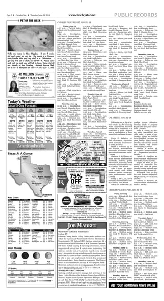 www.crowleystar.netPage 2 ★ Crowley Star ★ Thursday, June 26, 2014 PUBLIC RECORDS
Friday, June 13
2:07 a.m. – Theft of motor
vehicle, 100 block Centennial
Place
3:54 a.m. – Investigation,
200 block S. Tarrant Street
7:36 a.m. – Alarm, 500 block
Hummingbird Trail
8:03 a.m. – Criminal mischief,
200 block Kennedy Drive
8:11 a.m. – Theft report, 600
block Owens Drive
8:41 a.m. – Assist motorist,
900 block N. Crowley Road
9:21 a.m. – Investigation,
200 block Teeter Drive
10:27 a.m. – Investigation,
700 block Keel Line Drive
10:32 a.m. – Follow-up, 500
block E. Mission Street
11:04 a.m. – Investigation,
400 block San Lucas Drive
11:42 a.m. – Burglary report,
600 block Rapid Way
12:34 p.m. – Theft report,
300 block Rock Hill Drive
1:05 p.m. – Code violation,
600 block W. Business FM
1187
2:32 p.m. – Investigation,
900 block Industrial Boule-
vard
3:39 p.m. – Theft, 1200 block
E. FM 1187
5:37 p.m. – Burglary report,
5900 block Mast Court
11:53 p.m. – Investigation,
600 block Brooks Street
Saturday, June 14
12:59 a.m. – Investigation,
200 block S. Magnolia Street
1:22 a.m. – Investigation,
200 block E. Main Street
3:20 a.m. – Assist citizen,
400 block Brookbank Drive
3:22 a.m. – Criminal mis-
chief, 400 block Brookbank
Drive
4:54 a.m. – Disturbance, 900
block Quail Creek Drive
10:08 a.m. – Burglary report,
100 block Hirth Drive
10:57 a.m. – Disorderly con-
duct, 1200 block E. FM 1187
12:25 p.m. – Runaway, 1100
block Cottonwood Drive
1:35 p.m. – Disturbance, 900
block E. Glendale Street
2:07 p.m. – Criminal mis-
chief, 1100 block Browntop
Street
5:41 p.m. – Investigation,
700 block Loftin Street
8:32 p.m. – Investigation,
600 block Trail Lake Drive
11:35 p.m. – Disturbance,
400 block Kennedy Drive
Sunday, June 15
12:52 a.m. – Disturbance 300
block Robin Street
2:07 a.m. – Investigation,
500 block Paddle Drive
7:47 a.m. – Follow-up, 300
block Julie Drive
9:09 a.m. – Vicious animal,
1400 block Strickland Drive
10:22 a.m. – Burglary, 600
block Trail Lake Drive
11:43 a.m. – Alarm, 400
block Ferenz Avenue
1:10 p.m. – Investigation,
800 block Colony Drive
7:48 p.m. – Investigation,
800 block Oarlock Drive
10:17 p.m. – Runaway, 1300
block Meadowbrook Lane
11:59 p.m. – Disturbance,
100 block Centennial Place
Monday, June 16
1:31 a.m. – Investigation, 500
block Peach Street
3:40 a.m. – Suspicious activ-
ity, 700 block Daniels Drive
9:26 a.m. – Assist citizen,
800 block Colony Drive
1:07 p.m. – Investigation,
1200 block E. FM 1187
2:26 p.m. – Investigation,
300 block Alpine Lane
2:50 p.m. – Forgery, 600
block W. Business FM 1187
4:28 p.m. – Parking viola-
tion, 1000 block Maidenhair
Lane
7:37 p.m. – Investigation,
1000 block Horse Creek Road
Tuesday, June 17
12:36 a.m. – Investigation,
1300 block Blue Gill Lane
1:03 a.m. – Disturbance, 100
CROWLEY POLICE REPORT, JUNE 13-19
block Randy Drive
2:03 a.m. – Runaway, 300
block E. Mustang Street
4:15 a.m. – Suspicious activ-
ity, 100 block S. Hampton
Street
9:44 a.m. – Alarm, 500 block
Bailer Drive
10:51 a.m. – Investigation,
1200 block E. Main Street
12:24 p.m. – Investigation,
600 block W. Business FM
1187
2:31 p.m. – Alarm, 1100 block
Tacks Lane
3:32 p.m. – Investigation,
900 block Mesa Vista Drive
4:26 p.m. – Junk vehicle, 700
block Liberty Lane
4:47 p.m. – Criminal mis-
chief, 700 block Mesa Vista
Drive
5:32 p.m. – Welfare check,
1000 block Maidenhair Lane
6:55 p.m. – Minor accident,
900 block S. Crowley Road
11:03 p.m. – Investigation,
100 block S. Hampton Road
Wednesday, June 18
1:52 a.m. – Burglary re-
port, 1100 block Whispering
Meadows
7:16 a.m. – Alarm, 700 block
Hutchins Drive
8:21 a.m. – Investigation,
1100 block Patrick Street
8:38 a.m. – Criminal mis-
chief, 1500 block Longhorn
Trail
9:41 a.m. – Investigation,
600 block Skelly Street
10:46 a.m. – Disturbance,
900 block N. Crowley Road
1:46 p.m. – Investigation,
600 block Brooks Street
2:25 p.m. – Follow-up, 700
block E. Mission Street
2:53 p.m. – Investigation,
1100 block Switchgrass Lane
6:16 p.m. – Disturbance, 100
block Adams Drive
9:07 p.m. – Disturbance,
1100 block Flatwater Trail
9:12 p.m. – Suspicious activ-
ity, 700 block Red Oak Sum-
mit
Thursday, June 19
12:13 a.m. – Investigation,
200 block N. Heights Drive
9:16 a.m. – Follow-up, 400
block Giles Court
1:09 p.m. – Investigation,
300 block S. Texas Street
1:26 p.m. – Criminal mis-
chief, 600 block W. Business
FM 1187
2:45 p.m. – Alarm, 1000
block Junegrass Lane
6:44 p.m. – Welfare check,
1100 block Andrew Street
8:57 p.m. – Investigation,
100 block S. Magnolia Street
10:16 p.m. – Meet citizen,
200 block S. Tarrant Street
10:36 p.m. – Criminal mis-
chief, 1200 block Cotton-
wood Drive
11:18 p.m. – Prowler, 1200
block Patrick Street
Totals:
Business checks: 200
Residence checks: 143
Trafﬁc Stops: 197
Citations issued: 106
Calls for service: 563
Following are a list of ar-
rests made by the Crowley
Police Department. An arrest
should not be construed as a
conviction of guilt. Subjects
have a presumption of inno-
cence until convicted in court.
Carrie D. Sabedra, 32,
theft of property $50-$500;
arrest warrants misdemean-
or trafﬁc, Crowley
Bryan A. Holland, 23, ar-
rest warrant misdemeanor
non-trafﬁc, Cleburne; arrest
warrant misdemeanor trafﬁc,
Crowley
Shannon N. Williams, 28,
arrest warrant misdemeanor
non-trafﬁc, Euless; public
intoxication, Crowley; arrest
warrants misdemeanor traf-
ﬁc, Crowley, Fort Worth
John D. Goss, 47, aggra-
vated assault with deadly
weapon, Crowley; arrest war-
rants misdemeanor trafﬁc,
Crowley
Bobby L. Dick, 29, arrest
warrants misdemeanor traf-
ﬁc, Crowley, Fort Worth
Jeffery D. McMackin, 56,
evading arrest detention,
Crowley; theft of property
$1,500 with two prior convic-
tions, Crowley
Kisha R. Young, 38, driv-
ing while intoxicated with
child under 15 years of age,
Crowley; injury to child/el-
derly/disabled reckless se-
rious bodily injury/mental,
Crowley; intoxication assault
with vehicle with serious
bodily injury, Crowley
Kandice A. Walker, 48,
driving with license suspend-
ed, suspension/revocation,
Crowley
Pamela A. Hawkins, 45,
arrest warrant misdemeanor
non-trafﬁc, Dallas County
Angela M. Miles, 21, pos-
session of controlled sub-
stance less than 28 grams,
Crowley; arrest warrants mis-
demeanor trafﬁc, Forest Hill
William R. Crisp, 31, driv-
ing with license suspended,
suspension/revocation,
Crowley
Vanessa P. Arellano, 28,
arrest warrant misdemeanor
trafﬁc, Crowley
CPD ARRESTS JUNE 13-19
Friday, June 13
10:03 a.m. – Mutual aid, 800
block S. W. Alsbury
12:02 p.m. – Medical assist,
100 block Trinity Circle
2:28 p.m. – Investigation,
1200 block E. FM 1187
6:41 p.m. – Mutual aid, 800
block Blueridge Drive
6:55 p.m. – Medical assist,
800 block Blueridge Drive
8:42 p.m. – Medical assist,
600 block Cedar Ridge Lane
Saturday, June 14
4:20 a.m. – Medical assist,
400 block Brookbank Drive
1:25 p.m. – Investigation,
800 block E. Mustang Street
1:37 p.m. – Medical assist,
600 block W. Business FM
1187
4:47 p.m. – Medical alarm,
600 block Trail Lake Drive
5:54 p.m. – Medical assist,
2000 block Longhorn Trail
Sunday, June 15
7:39 a.m. – Medical assist,
1000 block S. Crowley Road
10:45 a.m. – Medical assist,
500 block Birch Street
12:37 p.m. – Medical assist,
2000 block Cattle Drive
1:43 p.m. – Medical assist,
1100 block Celeste Street
2:27 p.m. – Medical assist,
900 block S. Crowley Road
6:49 p.m. – Medical assist,
300 block Kennedy Drive
Monday, June 16
2:29 a.m. – Medical assist,
500 block Paddle Drive
9:24 a.m. – Medical assist,
800 block Colony Drive
5:43 p.m. – Gas odor, 700
block Lake View Drive
6:32 p.m. – Medical assist,
500 block Mast Court
8:21 p.m. – Medical assist,
200 block E. Cunningham
Avenue
10:49 p.m. – Medical assist,
400 block S. Oak Street
Tuesday, June 17
4:25 a.m. – Medical assist,
800 block N.E. Alsbury
5:52 a.m. – Lift assist, 600
block Brookbank Drive
6:30 p.m. – Medical assist,
100 block Heritage Drive
8:30 p.m. – Major accident,
400 block Angler Drive
Wednesday, June 18
4:13 a.m. – Medical assist,
500 block Anchor Way
6:51 a.m. – Medical assist,
200 block Adams Drive
8:51 a.m. – Medical assist,
500 block Kerry Street
3:32 p.m. – Lift assist, 200
block Malone Avenue
9:02 p.m. – Mutual aid, 300
block N.E. Michaels Drive
Thursday, June 19
6:44 a.m. – Medical assist,
500 block Pecan Street
8:32 a.m. – Medical assist,
200 block Cunningham Av-
enue
5:30 p.m. – Fire alarm, 9800
block Carson Ranch Road
10:08 p.m. – Medical assist,
500 block E. Bovell Street
CROWLEY POLICE REPORT, JUNE 13-19
GET YOUR HOMETOWN NEWS ONLINE
JOB MARKETJOB MARKET
Wastewater Collection Maintenance
Joshua, TX
Johnson County Special Utility District seeks qualiﬁed can-
didate for experienced Wastewater Collection Maintenance.
Requirements: HS diploma/GED, backhoe experience & a
certiﬁcation in WW Collections or WW Treatment Operator.
Job duties include cleaning & repairing sewer mains, camera
inspection of service lines & sewer mains, maintaining lift
stations, periodic work at wastewater plant & some on-call
duty. Acceptable driving record required & must possess or
obtain a CDL license within 6 months of employment. Must
be able to pass a pre-employment physical, drug screen and
background check. Salary based on experience. The District
offers an excellent beneﬁts package & PTO program. EOE
Moreinfo.andapplicationatwww.jcsud.com. Emailresume/
app to Jthompson@jcsud.com or fax to 817.760.5238.
WATER SUPERINTENDENT
Seeking certiﬁed operator to manage daily activities of the
Water Utility Division of the Johnson County Special Utility
District. Reports to the System Operations Manager. Some
on-call duty. Up to $50K DOQ Excellent Beneﬁts & PTO
program, EOE. More info and appl. at www.jcsud.com. Send
resume/app to rnichols@jcsud.com or fax to 817.760.5238.
ID NO.: BBH125302
BIN: 005947
GRP: 6226BDL
PCN: CLAIMCR
CLIP & USE this coupon for
SAVINGS OF UP TO
75%
OFF
Reader
Discount
Show this coupon to
your pharmacist
at checkout.
Show this coupon to
your pharmacist
at checkout.
the full price of
any FDA-approved
prescription.
For a FREE Permanent Discount Card
Call Toll-Free: 1-888-636-8633
Online at: UniScriptCard.com/ROP- THIS IS NOT INSURANCE -
READY TO USE
Diesel Truck Mechanic for Odessa, Texas
3 min. years experience • CDL w/ X Endorsement (Pref. but not req.)
Must have own hand tools • Diagnostic software exp. a plus
Oilﬁeld exp. pref.
We Offer: TOP PAY! • Beneﬁts, Matched 401K • Quarterly Bonus
• Uniforms Provided • OT over 40 • Weekly Pay • Company Housing Avail.
Call (361) 573-8081 • Apply in person @ 10918 W I20 East Odessa TX
or online: thomaspetro.com
NOW
HIRING!
NOW
HIRING!
Today's Weather
Local 5-Day Forecast
Thu
6/26
89/72
Some
clouds and
possibly an
isolated
thunder-
storm in the
afternoon.
Sunrise:
6:23 AM
Sunset:
8:41 PM
Fri
6/27
87/73
Slight
chance of a
thunder-
storm.
Sunrise:
6:24 AM
Sunset:
8:41 PM
Sat
6/28
88/74
Times of
sun and
clouds.
Highs in the
upper 80s
and lows in
the mid 70s.
Sunrise:
6:24 AM
Sunset:
8:41 PM
Sun
6/29
89/74
Mix of sun
and clouds.
Highs in the
upper 80s
and lows in
the mid 70s.
Sunrise:
6:25 AM
Sunset:
8:41 PM
Mon
6/30
90/73
Mix of sun
and clouds.
Highs in the
low 90s and
lows in the
low 70s.
Sunrise:
6:25 AM
Sunset:
8:41 PM
Brownsville
88/77
Houston
87/75
Austin
89/73
Dallas
89/73
El Paso
101/77
Amarillo
93/67
San Antonio
88/73
Burleson
89/72
Texas At A Glance
Area Cities
City Hi Lo Cond. City Hi Lo Cond.
Abilene 91 71 pt sunny Kingsville 89 75 t-storm
Amarillo 93 67 mst sunny Livingston 85 73 t-storm
Austin 89 73 t-storm Longview 85 72 t-storm
Beaumont 86 74 t-storm Lubbock 93 68 sunny
Brownsville 88 77 t-storm Lufkin 85 73 t-storm
Brownwood 89 72 pt sunny Midland 95 70 mst sunny
Corpus Christi 85 78 t-storm Raymondville 89 77 t-storm
Corsicana 89 73 t-storm Rosenberg 86 75 t-storm
Dallas 89 73 t-storm San Antonio 88 73 t-storm
Del Rio 93 74 pt sunny San Marcos 89 72 t-storm
El Paso 101 77 mst sunny Sulphur Springs 88 73 t-storm
Fort Stockton 97 70 mst sunny Sweetwater 91 70 mst sunny
Gainesville 89 72 t-storm Tyler 85 73 t-storm
Greenville 88 72 t-storm Weatherford 88 72 t-storm
Houston 87 75 t-storm Wichita Falls 92 72 pt sunny
National Cities
City Hi Lo Cond. City Hi Lo Cond.
Atlanta 90 69 pt sunny Minneapolis 80 66 pt sunny
Boston 82 62 t-storm New York 89 68 pt sunny
Chicago 75 59 mst sunny Phoenix 102 73 mst sunny
Dallas 89 73 t-storm San Francisco 61 52 pt sunny
Denver 93 59 t-storm Seattle 71 55 cloudy
Houston 87 75 t-storm St. Louis 88 71 t-storm
Los Angeles 81 63 pt sunny Washington, DC 89 71 mst sunny
Miami 87 77 t-storm
Moon Phases
Last
Jun 19
New
Jun 27
First
Jul 5
Full
Jul 12
UV Index
Thu
6/26
11
Extreme
Fri
6/27
10
Very High
Sat
6/28
11
Extreme
Sun
6/29
11
Extreme
Mon
6/30
11
Extreme
The UV Index is measured on a 0 - 11 number scale,
with a higher UV Index showing the need for greater
skin protection.
0 11
©2010 American Profile Hometown Content Service
PET OF THE WEEK
Personal service and competitive rates are
why more people trust State Farm®
for car
insurance than the next three companies
combined. Contact me today.
Providing Insurance
and Financial Services
PO40185
State Farm Mutual Automobile Insurance Company
(not in NJ) Bloomington, IL statefarm.com
40 MILLION drivers
TRUST STATE FARM
11388
Jamye Kelley
Hwy 174 at 917
P.O. Box 1179
Joshua, TX 76058
Bus. (817) 558-1000
Fax (817) 641-8443
13545
Hello my name is Miss Wiggles. I am 9 weeks
old and sweet as can be. My mom is a Pomera-
nian/Poodle Mix and my dad is a Chihuahua. I
got my ﬁrst set of shots on 06-09-14. Please come
and visit me and you will fall in love. Come visit all
our friends at the Crowley Animal Rescue Shel-
ter at 101 E Hampton or call 817-297-2201 x3300.
 