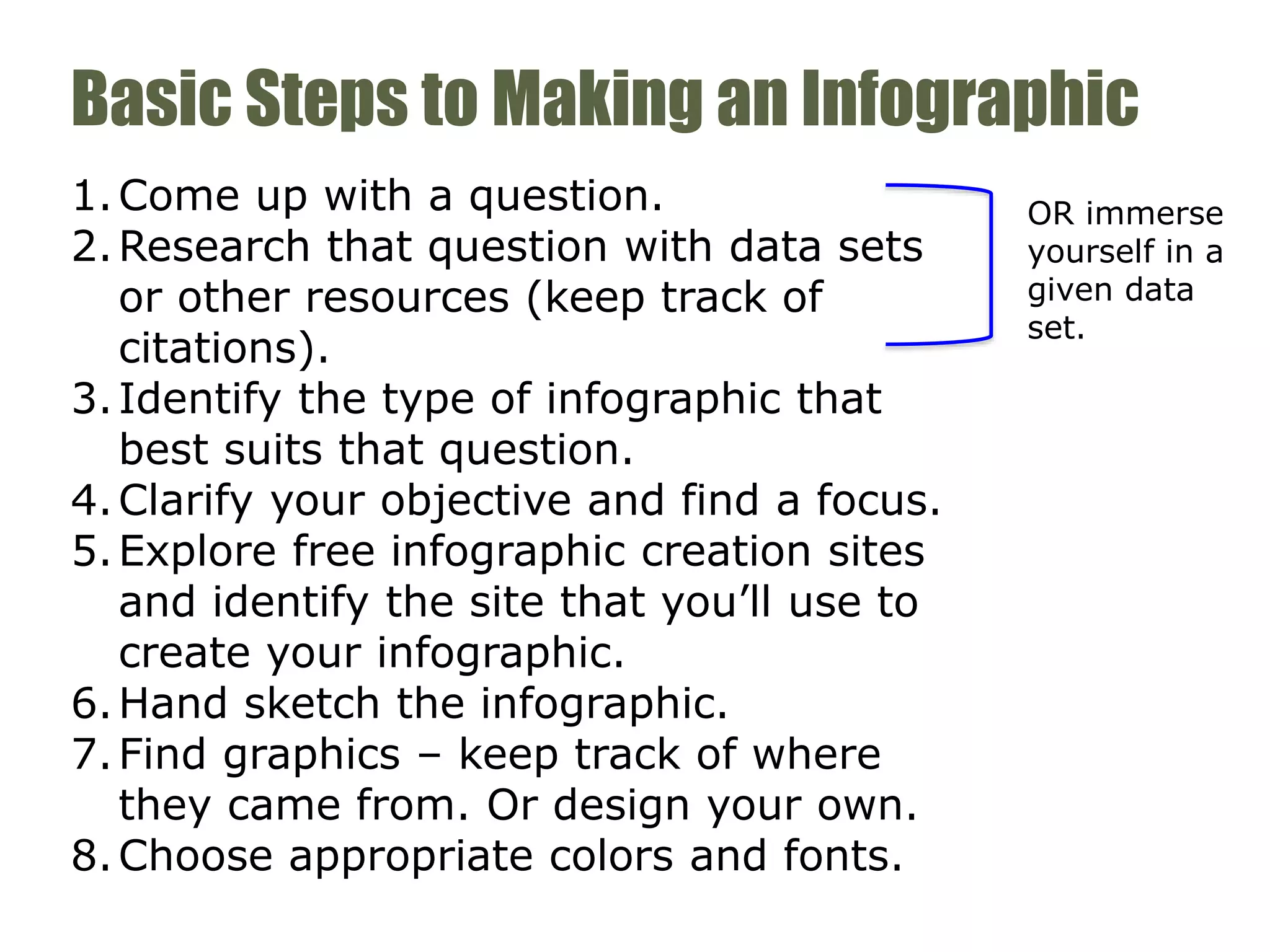 Basic Steps to Making an Infographic
1.Come up with a question.
2.Research that question with data sets
or other resources (keep track of
citations).
3.Identify the type of infographic that
best suits that question.
4.Clarify your objective and find a focus.
5.Explore free infographic creation sites
and identify the site that you’ll use to
create your infographic.
6.Hand sketch the infographic.
7.Find graphics – keep track of where
they came from. Or design your own.
8.Choose appropriate colors and fonts.
OR immerse
yourself in a
given data
set.
 