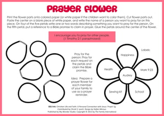 Prayer Flower
Print the flower parts onto colored paper (or white paper if the children want to color them). Cut flower parts out.
Paste the center on a blank piece of white paper, and write the name of a person you want to pray for on this
piece. On four of the five petals write one or two words describing something you want to pray for the person. On
the fifth petal, put a reference to a Bible promise to claim in prayer. Glue the petals around the center of the flower.
I encourage you to pray for other people.
(1 Timothy 2:1 paraphrased)

Labels:
Pray for the
person: Pray for
each request on
the petals and
claim the Bible
promise.
Idea: Prepare a
prayer flower for
each member
of your family to
use as a prayer
reminder.

Happiness

Health

Mark 9:23
Audrey

Sewing kit

S&S link: Christian Life and Faith: A Personal Connection with Jesus: Prayer-1g
Contributed by Christi S. Lynch. Design by Stefan Merour.
Published by My Wonder Studio. Copyright © 2013 by The Family International

School

 