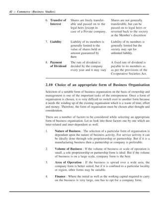 42 :: Commerce (Business Studies)


                          6. Transfer of      Shares are freely transfer-      Shares are not generally
                             Interest         able and passed on to the        transferable, but can be
                                              legal heirs [except in           passed on to legal heirs or
                                              case of a Private company.       reverted back to the society
                                                                               at the Member’s discretion

                          7. Liability        Liability of its members is      Liability of its members is
                                              generally limited to the         generally limited but the
                                              value of shares held or          society may opt for
                                              amount guaranteed by             unlimited liability.
                                              them
                          8. Payment          The rate of dividend is          A fixed rate of dividend is
                             of Dividend      decided by the company           payable to its members as
                                              every year and it may vary       as per the provisions of the
                                                                               Co-operative Societies Act.


                          2.10 Choice of an appropriate form of Business Organisation
                          Selection of a suitable form of business organisation on the basis of ownership and
                          management is one of the important tasks of the entrepreneur. Once a form of
                          organisation is chosen, it is very difficult to switch over to another form because
                          it needs the winding up of the existing organisation which is a waste of time, effort
                          and money. Therefore, the form of organisation must be chosen after thought and
                          consideration.

                          There are a number of factors to be considered while selecting an appropriate
                          form of business organisation. Let us look into those factors one by one which are
                          inter-related and inter-dependent as well.

                          1.     Nature of Business : The selection of a particular form of organisation is
                                 dependant upon the nature of business activity. For service activity it can
                                 be ideally done through sole proprietorship or partnership. But if it is a
                                 manufacturing business then a partnership or company is preferable.

                          2.     Volume of Business : If the volume of business or scale of operation is
                                 small, a sole proprietorship or partnership form is ideal. But if the volume
                                 of business is on a large scale, company form is the best.
                          3.     Area of Operation : If the business is spread over a wide area, the
                                 company form is better suited, but if it is confined to a particular locality
                                 or region, other forms may be suitable.

                          4.     Finance : Where the initial as well as the working capital required to carry
                                 on the business is very large, one has to opt for a company form.
 