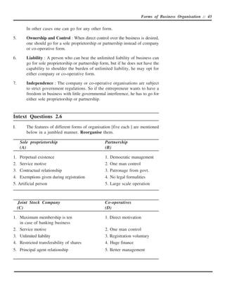 Forms of Business Organisation :: 43


         In other cases one can go for any other form.

5.       Ownership and Control : When direct control over the business is desired,
         one should go for a sole proprietorship or partnership instead of company
         or co-operative form.

6.       Liability : A person who can bear the unlimited liability of business can
         go for sole proprietorship or partnership form, but if he does not have the
         capability to shoulder the burden of unlimited liability, he may opt for
         either company or co-operative form.

7.       Independence : The company or co-operative organisations are subject
         to strict government regulations. So if the entrepreneur wants to have a
         freedom in business with little governmental interference, he has to go for
         either sole proprietorship or partnership.



Intext Questions 2.6
I.       The features of different forms of organisation [five each ] are mentioned
         below in a jumbled manner. Reorganise them.

      Sole proprietorship                            Partnership
      (A)                                            (B)

1.    Perpetual existence                            1.   Democratic management
2.    Service motive                                 2.   One man control
3.    Contractual relationship                       3.   Patronage from govt.
4.    Exemptions given during registration           4.   No legal formalities
5.   Artificial person                               5.   Large scale operation



     Joint Stock Company                             Co-operatives
     (C)                                             (D)

1. Maximum membership is ten                         1. Direct motivation
   in case of banking business
2. Service motive                                    2. One man control
3. Unlimited liability                               3. Registration voluntary
4. Restricted transferability of shares              4. Huge finance
5. Principal agent relationship                      5. Better management
 