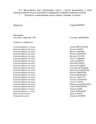 6.3. Продовжити цикл тренінгових занять з метою формування у дітей
ненасильницької моделі поведінки та вирішення конфліктів мирним шляхом.
7. Контроль за виконанням даного наказу залишаю за собою.
Директор Сергій БІЛОУС
Виконавець:
заступник директора з ВР Світлана ДАВИДОВА
З наказом ознайомлені:
Класний керівник 1А класу Тетяна МИГАЛАТЮК
Класний керівник 2Б класу Наталія КАПША
Класний керівник 2А класу Наталія РАВЛЮК
Класний керівник 2Б класу Наталія БІЛОКОНЬ
Класний керівник 3А класу Настасія ТКАЧУК
Класний керівник 3Б класу Ольга ГУМЕНЮК
Класний керівник 4А класу Анжела БОЙЧУК
Класний керівник 4Б класу Ореся КІСЛІНГЕР
Класний керівник 5А класу Анастасія КАДЮК
Класний керівник 5Б класу Світозара ПЕТРАЩАК
Класний керівник 6А класу Валентина САНДУЛЯК
Класний керівник 6Б класу Наталія МИКИТЮК
Класний керівник 7А класу Юлія БОБРОВСЬКА
Класний керівник 7Б класу Наталія ЛАКУСТА
Класний керівник 8А класу Світлана ЗАХАРЧУК
Класний керівник 8Б класу Галина САБУРА
Класний керівник 9А класу Мирослава БІЛОКОПИТА
Класний керівник 9Б класу Ганна КАПІТАНЧУК
Класний керівник 10 класу Оксана КУЗИК
Класний керівник 11 класу Любов ВОРОЖБИТ
Практичний психолог Данієла ЧЕБАН
Соціальний педагог Анастасія КУШНІР
 