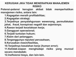 15
KERUGIAN JIKA TIDAK MENERAPKAN MANAJEMEN
RISIKO
Potensi-potensi kerugian akibat tidak memperhatikan
manajemen risiko, antara lain:
1.Kegagalan meraih profitabilitas;
2.Kegagalan strategi;
3.Terjadinya penyalahgunaan wewenang, permufakatan
jahat, fraud, konspirasi negatif dan sejenisnya;
4.Rawan terjadi kecelakaan kerja;
5.Gangguan operasional;
6.Terjadi tuntutan hukum;
7.Klaim dari pelanggan;
8.Terganggunya reputasi perusahaan,
9.Kerusakan mesin/fasilitas,
10.Terjadinya kesalahan kerja (human error);
11.Ketidak-siapan menghadapi risiko yang muncul
secara mendadak;
12.Inefisiensi biaya, dan lain-lain.
 