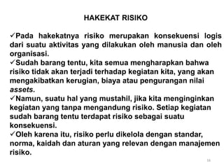 16
HAKEKAT RISIKO
Pada hakekatnya risiko merupakan konsekuensi logis
dari suatu aktivitas yang dilakukan oleh manusia dan oleh
organisasi.
Sudah barang tentu, kita semua mengharapkan bahwa
risiko tidak akan terjadi terhadap kegiatan kita, yang akan
mengakibatkan kerugian, biaya atau pengurangan nilai
assets.
Namun, suatu hal yang mustahil, jika kita menginginkan
kegiatan yang tanpa mengandung risiko. Setiap kegiatan
sudah barang tentu terdapat risiko sebagai suatu
konsekuensi.
Oleh karena itu, risiko perlu dikelola dengan standar,
norma, kaidah dan aturan yang relevan dengan manajemen
risiko.
 