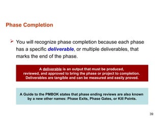 39
Phase Completion
 You will recognize phase completion because each phase
has a specific deliverable, or multiple deliverables, that
marks the end of the phase.
A deliverable is an output that must be produced,
reviewed, and approved to bring the phase or project to completion.
Deliverables are tangible and can be measured and easily proved.
A Guide to the PMBOK states that phase ending reviews are also known
by a new other names: Phase Exits, Phase Gates, or Kill Points.
 