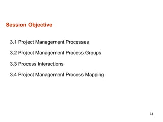 74
Session Objective
3.1 Project Management Processes
3.2 Project Management Process Groups
3.3 Process Interactions
3.4 Project Management Process Mapping
 