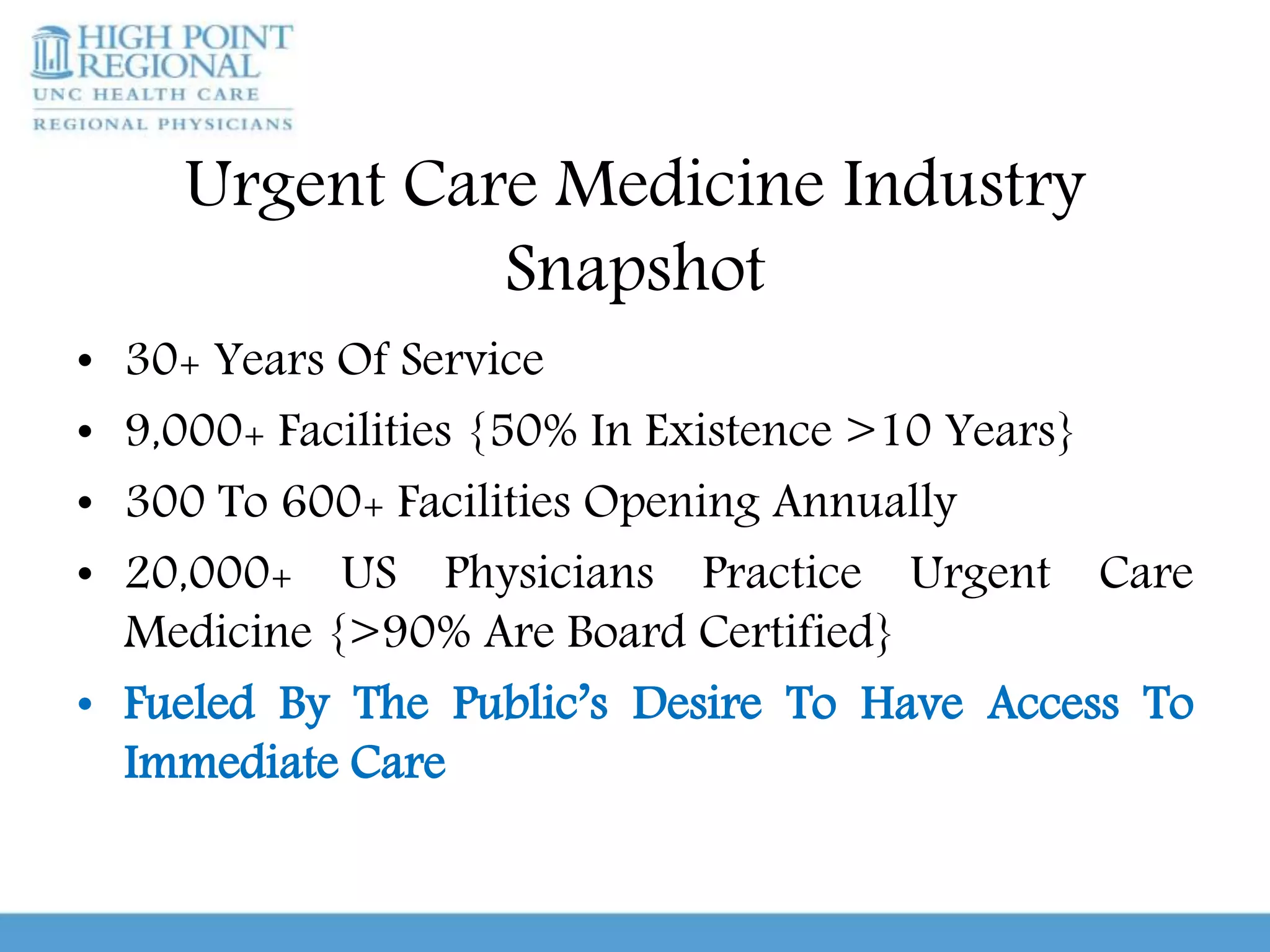 Urgent Care Medicine Industry
Snapshot
• 30+ Years Of Service
• 9,000+ Facilities {50% In Existence >10 Years}
• 300 To 600+ Facilities Opening Annually
• 20,000+ US Physicians Practice Urgent Care
Medicine {>90% Are Board Certified}
• Fueled By The Public’s Desire To Have Access To
Immediate Care
 