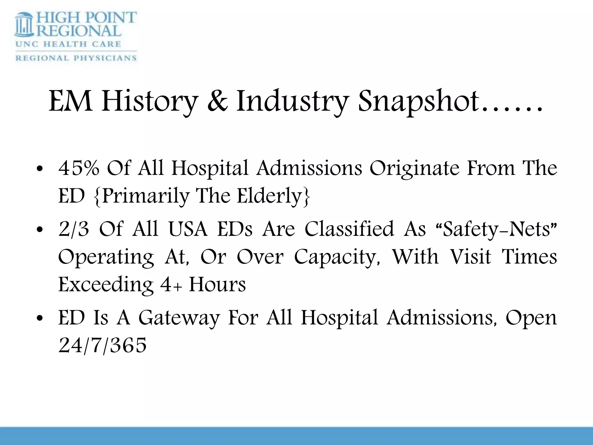 EM History & Industry Snapshot……
• 45% Of All Hospital Admissions Originate From The
ED {Primarily The Elderly}
• 2/3 Of All USA EDs Are Classified As “Safety-Nets”
Operating At, Or Over Capacity, With Visit Times
Exceeding 4+ Hours
• ED Is A Gateway For All Hospital Admissions, Open
24/7/365
 