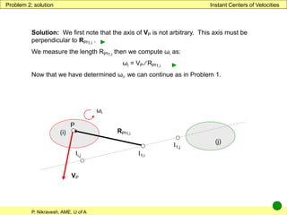 P. Nikravesh, AME, U of A
Instant Centers of Velocities
Problem 2; solution
Solution: We first note that the axis of VP is not arbitrary. This axis must be
perpendicular to RPI1,i .
We measure the length RPI1,i then we compute ωi as:
ωi = VP ∕ RPI1,i
Now that we have determined ωi, we can continue as in Problem 1.
(i)
(j)
ωi
Ii,j I1,i
I1,j
P
VP
RPI1,i
►
►
 