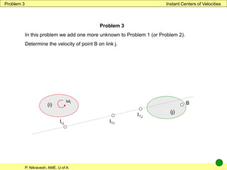 P. Nikravesh, AME, U of A
Instant Centers of Velocities
Problem 3
Problem 3
In this problem we add one more unknown to Problem 1 (or Problem 2).
Determine the velocity of point B on link j.
(i)
(j)
ωi
Ii,j I1,i
I1,j
B
 