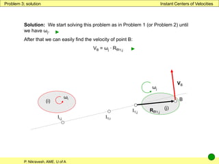 P. Nikravesh, AME, U of A
Instant Centers of Velocities
Problem 3; solution
Solution: We start solving this problem as in Problem 1 (or Problem 2) until
we have ωj.
After that we can easily find the velocity of point B:
VB = ωj ∙ RBI1,j
(i)
(j)
ωi
Ii,j I1,i
I1,j
B
►
ωj
►
RBI1,j
VB
 