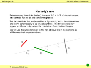 P. Nikravesh, AME, U of A
Instant Centers of Velocities
Kennedy’s rule
Kennedy’s rule
Between every three links (bodies), there are 3 (3 − 1) ∕ 2 = 3 instant centers.
These three IC’s lie on the same straight line.
For the three links that are labeled in the figure as i, j and k, the three centers
are shown schematically to be on a straight line. The three centers may
appear in different orders when the orientation of mechanism changes.
We will use this rule extensively to find non-obvious IC’s in mechanisms as
will be seen in other presentations.
I i,j
(i)
(j)
I k,i
(k)
I j,k
 