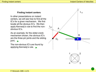 P. Nikravesh, AME, U of A
Instant Centers of Velocities
O2 = I1,2
= I4,1
A = I2,3
B = I3,4
Finding instant centers
In other presentations on instant
centers, we will see how to find all the
IC’s for a given mechanism. We first
locate all the obvious IC’s. We then
apply Kennedy’s rule to find the non-
obvious IC’s.
As an example, for the slider-crank
mechanism shown, the obvious IC’s
are the three pin joints and the sliding
joint.
The non-obvious IC’s are found by
applying Kennedy’s rule.
Finding instant centers
1 2
4 3
I1,3
I2,4
►
►
 