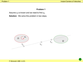 P. Nikravesh, AME, U of A
Instant Centers of Velocities
Problem 1
Problem 1
Assume ωi is known and we need to find ωj.
Solution: We solve this problem in two steps.
(i)
(j)
ωi
Ii,j I1,i
I1,j
 