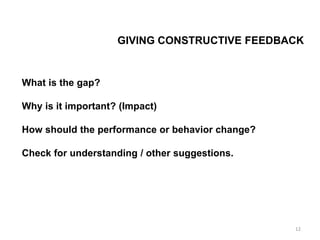 GIVING CONSTRUCTIVE FEEDBACK
What is the gap?
Why is it important? (Impact)
How should the performance or behavior change?
Check for understanding / other suggestions.
12
 