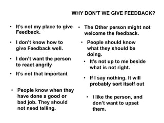 WHY DON’T WE GIVE FEEDBACK?
• It’s not my place to give
Feedback.
• The Other person might not
welcome the feedback.
• I don’t know how to
give Feedback well.
• People should know
what they should be
doing.
• I don’t want the person
to react angrily
• It’s not up to me beside
what is not right.
• It’s not that important
• If I say nothing. It will
probably sort itself out
• People know when they
have done a good or
bad job. They should
not need telling.
• I like the person, and
don’t want to upset
them.
 