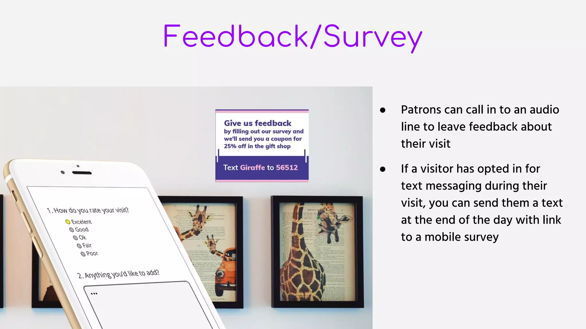 Feedback/Survey
● Patrons can call in to an audio
line to leave feedback about
their visit
● If a visitor has opted in for
text messaging during their
visit, you can send them a text
at the end of the day with link
to a mobile survey
 