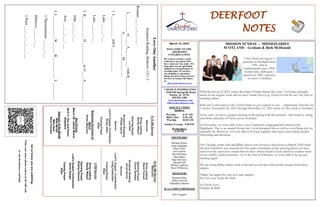 DEERFOOT
NOTES
Let
us
know
you
are
watching
Point
your
smart
phone
camera
at
the
QR
code
or
visit
deerfootcoc.com/hello
March 19, 2023
WELCOME TO THE
DEERFOOT
CONGREGATION
We want to extend a warm
welcome to any guests that
have come our way today. We
hope that you are spiritually
uplifted as you participate in
worship today. If you have
any thoughts or questions
about any part of our services,
feel free to contact the elders
at:
elders@deerfootcoc.com
CHURCH INFORMATION
5348 Old Springville Road
Pinson, AL 35126
205-833-1400
www.deerfootcoc.com
office@deerfootcoc.com
SERVICE TIMES
Sundays:
Worship 8:15 AM
Bible Class 9:30 AM
Worship 10:30 AM
Sunday Evening 5:00 PM
Wednesdays:
6:30 PM
SHEPHERDS
Michael Dykes
John Gallagher
Rick Glass
Sol Godwin
Merrill Mann
Stan Mann
Skip McCurry
Darnell Self
Phillip VanHorn
Steve Wilkerson
MINISTERS
Richard Harp
Jeffrey Howell
Johnathan Johnson
JCA CAMPUS MINISTER
Alex Coggins
10:30
AM
Service
Welcome
Song
Leading
Steve
Putnam
Opening
Prayer
Chuck
Spitzley
Scripture
Reading
Ancel
Norris
Sermon
Lord’s
Supper
/
Contribution
Craig
Hufstuttler
Closing
Prayer
Elder
————————————————————
5
PM
Service
Song
Leading
Randy
Wilson
Opening
Prayer
Rodney
Denson
Lord’s
Supper/
Contribution
David
Dangar
Closing
Prayer
Elder
8:15
AM
Service
Welcome
Song
Leading
Randy
Wilson
Opening
Prayer
Les
Self
Scripture
Reading
Phillip
Harris
Sermon
Lord’s
Supper/
Contribution
Rusty
Allen
Closing
Prayer
Elder
Baptismal
Garments
for
March
Robin
Maynard
Bus
Drivers
March
26–
James
Morris
April
2–
Ken
and
Karen
Shepherd
Deacons
of
the
Month
Mike
McGill
Mike
Neal
Steve
Putnam
Love
One
Another
Scripture
Reading:
Hebrews
13:1–3
Romans
___:___;
___-___
L__________
O_____
A__________
with
B__________
A____________
M_________
1.
L____________
and
L_____________
Luke
___:___-___
Luke
___:___-___
2.
B____________
D____________
to
O____
A___________
John
___:___-___
Acts
___:___;
___-___
3.
L____________
W______
B____________
L__________
1
Thessalonians
___:___-___
Hebrews
___:___-___
1
Peter
___:___-___;
___-___
MISSION SUNDAY - MISSIONARIES
SCOTLAND – Graham & Beth McDonald
I have been serving as a
preacher in Scotland since
1991, and in
Cumbernauld since 1994.
In that time, Beth and I
married in 1995, and now
we have 4 children.
With the arrival of 2023 comes the hope of better things this year. Covid has curtailed
much of our regular work and we have found ways (e.g. Zoom) to still do our very best in
reaching others.
Beth and I came back to the United States to give reports to our supporting Churches for
3 weeks, November 30, 2022 through December 22, 2022 when we flew back to Scotland.
Every year, we have a gospel meeting in the spring with the sermons delivered by young
men from churches of Christ across Scotland.
In November, we were able to have our Crianlarich congregational retreat in the
Highlands. This is an annual fixture but Covid disrupted this as well as everything else we
normally do. However, we were able to be back together and enjoy some much needed
fellowship and devotion.
Our Tuesday youth club and Bible classes was forced to shut down in March 2020 when
the first lockdown was announced. Our space limitations at the meeting places we have
used over the years have meant that we have always hired a local school to conduct most
of our weekly youth ministries. As of the first of February, we were able to be up and
running again!
We are doing Bible studies each week and several have obeyed the Gospel from these
studies.
Thank you again for your love and support.
We love you. Keep the faith.
In Christ's love,
Graham & Beth
 