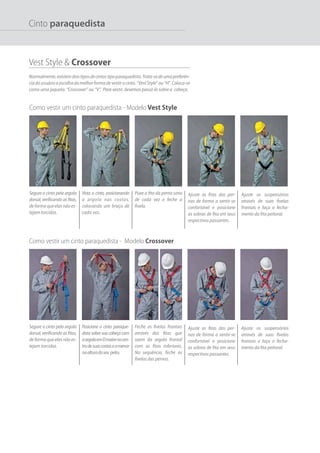 Cinto paraquedista
Como vestir um cinto paraquedista - Modelo Crossover
Segure o cinto pela argola
dorsal, verificando as fitas,
deformaqueelasnãoes-
tejam torcidas.
Posicione o cinto paraque-
dista sobre sua cabeça com
aargolaemDmaiornocen-
trodesuascostaseamenor
naalturadoseu peito.
Feche as fivelas frontais
através das fitas que
saem da argola frontal
com as fitas inferiores.
Na sequência, feche as
fivelas das pernas.
Ajuste as fitas das per-
nas de forma a sentir-se
confortável e posicione
as sobras de fita em seus
respectivos passantes.
Ajuste os suspensórios
através de suas fivelas
frontais e faça o fecha-
mento da fita peitoral.
Como vestir um cinto paraquedista - Modelo Vest Style
Segure o cinto pela argola
dorsal, verificando as fitas,
deformaqueelasnãoes-
tejam torcidas.
Vista o cinto, posicionando
a argola nas costas,
colocando um braço de
cada vez.
Puxe a fita da perna uma
de cada vez e feche a
fivela.
Ajuste as fitas das per-
nas de forma a sentir-se
confortável e posicione
as sobras de fita em seus
respectivos passantes.
Ajuste os suspensórios
através de suas fivelas
frontais e faça o fecha-
mento da fita peitoral.
Vest Style & Crossover
Normalmente,existemdoistiposdecintostipoparaquedista.Trata-sedeumapreferên-
ciadousuárioaescolhadamelhorformadevestirocinto.“VestStyle”ou“H” Coloca-se
como uma jaqueta. “Crossover” ou “V”. Para vestir, devemos passá-lo sobre a cabeça.
 