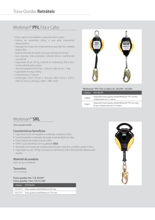 Trava-Quedas Retráteis
Workman® PFL Fita e Cabo
Workman® SRL
•	 Possui capa em termoplástico, reduzindo assim o peso;
•	 Sistema de travamento eficaz, o que evita travamentos
desnecessários;
•	 Aprovado nos ensaios de condicionamento para calor, frio, umidade,
poeira e óleo;
•	 Sistema indicador de queda: aviso para remoção de serviço;
•	 Suas etiquetas estão protegidas, evitando danos e aumentando
sua vida útil;
•	 Capacidade de até 181 kg, incluindo as vestimentas, EPIs e ferra-
mental utilizado pelo usuário;
•	 Peso do equipamento em fita : 1,3kg; em cabo de aço : 1,5kg;
•	 Capacidade de carga: 140 kg;
•	 Comprimento: 3,7 metros;
•	 Certificações OSHA 1910.66 e 1926.502, ANSI A10.32 e Z359.1,
2007CSA Z259.2.2-98 Type I, ABNT – NBR 14628.
Workman® PFL Fita e Cabo CA. 28.249 / 28.269
Código Descrição
218630
Dispositivo trava-quedas retrátil Workman® PFL em fita,
comprimento de 3,7 metros
218631
Dispositivo trava-quedas retrátil Workman® PFL em cabo
de aço, comprimento de 3,7 metros
Código Descrição
10120723 Trava-quedas retrátil Workman 9m inox
10121777 Trava-quedas retrátil Workman 15m inox
Trava-quedasretrátil
Características/benefícios
•	 Capa externa em termoplástico resistente, compacto e leve;
•	 Conector giratório e indicador de queda na extremidade do cabo;
•	 Força máxima de impacto igual a 4KN;
•	 Ótimo custo benefício com a qualidade MSA;
•	 Aprovado nos ensaios de condicionamento para calor, frio, umidade, poeira e óleo;
•	 Capacidade de até 140 Kg, incluindo as vestimentas, EPIs e ferramental utilizado pelo
usuário.
Material do produto
Cabo de aço inoxidável
Tamanhos
9 e 15 metros
Trava-quedas 9m / CA 30.447
Trava-quedas 15m / CA 31.363
 