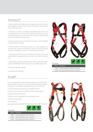 Arcsafe®
Este cinto paraquedista é testado e aprovado pelas Normas ASTM F887-05,
para arco elétrico até 40cal/cm2
, e após submetido ao teste de arco elétrico
é aplicado um teste dinâmico de queda de acordo com a ANSI Z359.
É o produto adequado ao eletricista que trabalha em altura.
• Três pontos de ancoragem em poliamida: frontal, dorsal e laterais;
• Sistema de indicador de queda;
• Diferentes cores entre pernas e torso para facilitar o vestir;
• Fivelas de engate rápido;
• Fita sub-pélvica;
Aprovado pelas Normas ASTM F887, ANSI Z359, EN361 e NBR 15.836-2010.
Technacurv®
• Sistema curvilíneo de conforto: processo de patente em curso, onde as fitas
que circundam o pescoço evitam o atrito e desconforto, como acontece
com a maioria dos cintos;
• Almofadas nos ombros visco-elástica, desenvolvida pela NASA, muito
mais confortáveis do que as tradicionais. Material com memória, ou seja,
a almofada mantém suas características de conforto por toda a vida útil
do cinto. Ajustável à curvatura do corpo;
• Fita com material inovador, macio, flexível, que permite maior mobilidade
e conforto durante o trabalho;
• Fivelas automáticas, desenhadas para fácil uso e ajuste, operação com
uma única mão, movem-se em direções contrárias, o que evita desengate
acidental. Possibilidade de verificar o correto fechamento da fivela;
• Tecido especial “Sorbtek” sobre as almofadas dos ombros e pernas, alta
respirabilidade, leve, proporcionando ao usuário mais conforto durante o
uso;
• Largura da fita sub-pélvica variável: entre 42 a 67mm, distribuindo melhor
o peso do trabalhador enquanto suspenso ou em trabalho posicionado;
• Sistema de indicador de queda;
• Certificações EN, ANSI, NBR.
Código Descrição
218593 Cinto paraquedista Technacurv®, tamanho 1
218594 Cinto paraquedista Technacurv®, tamanho 2
CA 28.261
CA 29.355
Código Descrição
218812 Cinto paraquedista Arcsafe®, tamanho 1
218813 Cinto paraquedista Arcsafe®, tamanho 2
218814 Cinto paraquedista Arcsafe®, tamanho 3
 