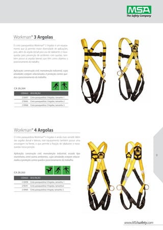 www.MSAsafety.com
9
Workman® 4 Argolas
O cinto paraquedista Workman® 4 Argolas é ainda mais versátil. Além
das argolas dorsal e laterais, este equipamento também possui uma
ancoragem na frente, o que permite a fixação de talabartes e trava-
quedas nessa posição.
Aplicação: construção civil, manutenção industrial, escada tipo
marinheiro, entre outros ambientes, cujas atividades estejam relacio-
nadas à proteção contra queda e posicionamento do trabalho.
Workman® 3 Argolas
O cinto paraquedista Workman® 3 Argolas é um equipa-
mento que já permite maior diversidade de aplicações,
pois, além da argola dorsal para uso de talabartes e trava-
quedas para prevenção de acidentes com quedas, tam-
bém possui as argolas laterais que têm como objetivo o
posicionamento do trabalho.
Aplicação: construção civil, manutenção industrial, cujas
atividades estejam relacionadas à proteção contra que-
das e posicionamento do trabalho.
Código Descrição
218497 Cinto paraquedista 3 Argolas, tamanho 1
278445 Cinto paraquedista 3 Argolas, tamanho 2
218968 Cinto paraquedista 3 Argolas, tamanho 3
CA 28.264
Código Descrição
218498 Cinto paraquedista 4 Argolas, tamanho 1
278341 Cinto paraquedista 4 Argolas, tamanho2
218969 Cinto paraquedista 4 Argola, tamanho 3
CA 28.265
 