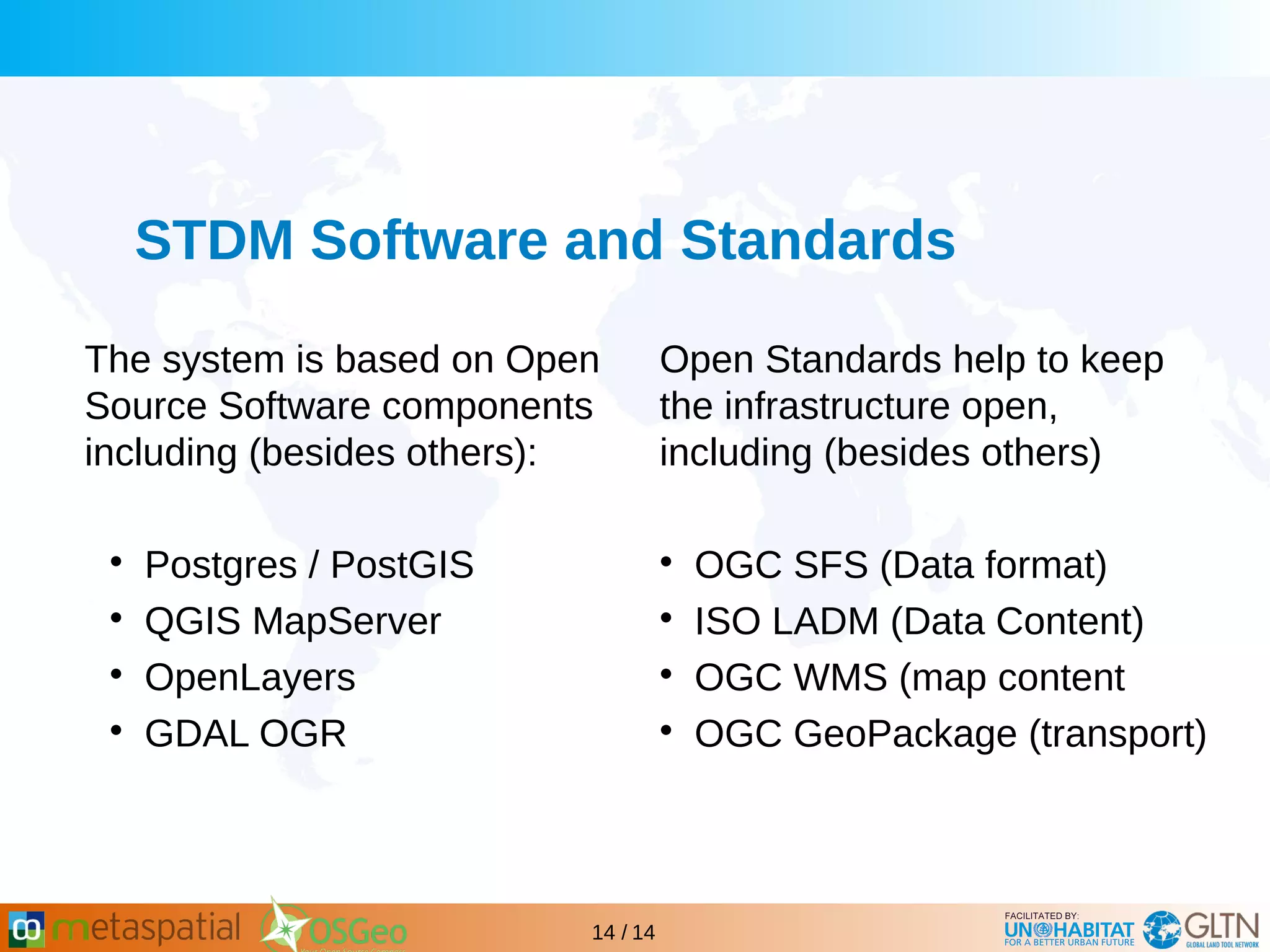 GLTN BRIEFING AND PROGRAMME
14 / 14
STDM Software and Standards
The system is based on Open
Source Software components
including (besides others):

Postgres / PostGIS

QGIS MapServer

OpenLayers

GDAL OGR
Open Standards help to keep
the infrastructure open,
including (besides others)

OGC SFS (Data format)

ISO LADM (Data Content)

OGC WMS (map content

OGC GeoPackage (transport)
 