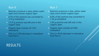 RESULTS
Run 6
 Reaction produces a clear-yellow water
layer and a brown organic layer
 6.7% of the acetone was converted to
2.74 g mesitylene
 1.575 g acetone was left over in the
organic layer
 Organic layer consists of 7.2%
mesitylene
 This is a 17.9% decrease in mesitylene
from Run 5
Run 7
 Reaction produces a clear-yellow water
layer and a brown organic layer
 6.0% of the acetone was converted to
1.30 g mesitylene
 1.94 g acetone was left over in the
organic layer
 Organic layer consists of 5.8%
mesitylene
 This is a 9.5% decrease in mesitylene
from Run 6
 