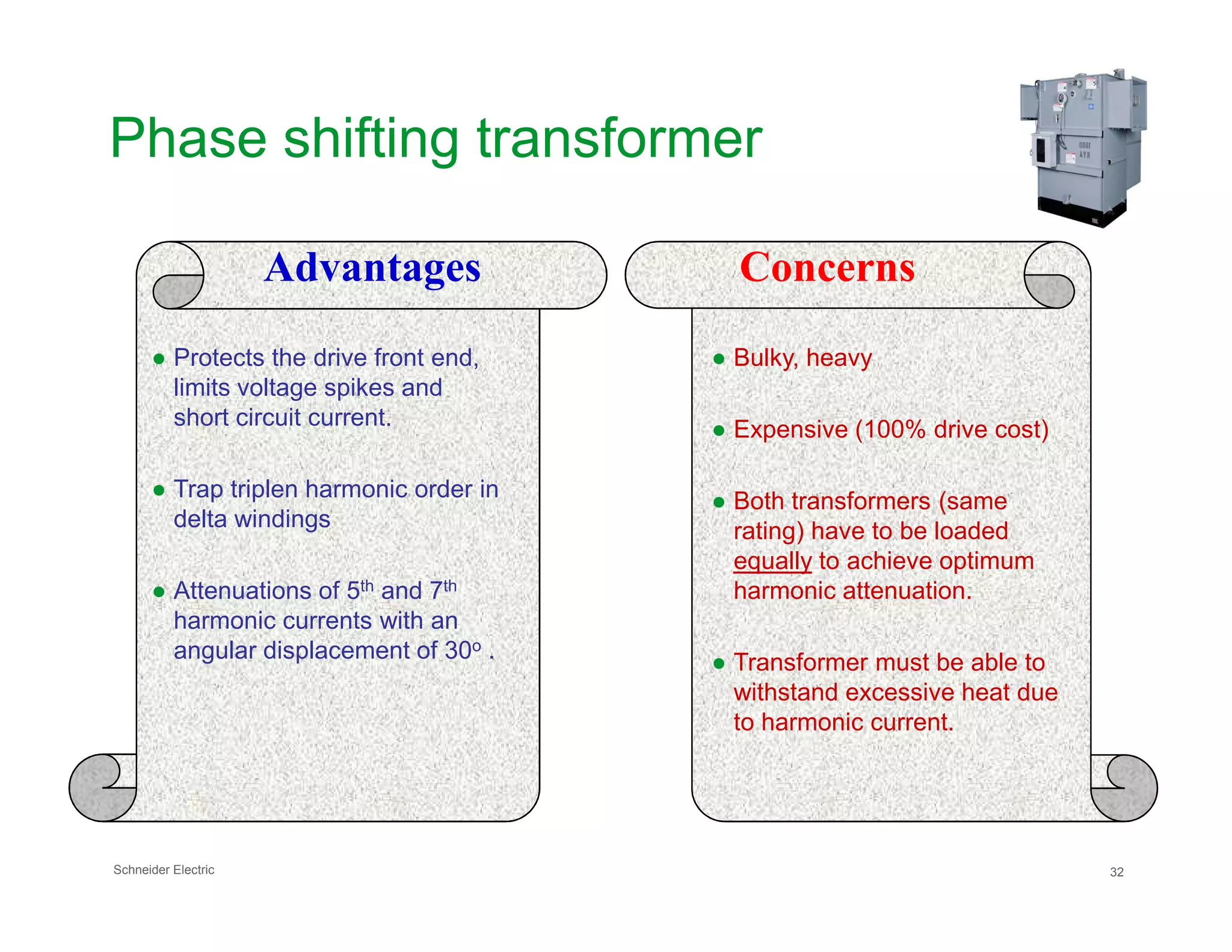 Phase shifting transformer
Advantages Concerns
● Protects the drive front end,
limits voltage spikes and
short circuit current.
● Trap triplen harmonic order in
● Bulky, heavy
● Expensive (100% drive cost)
Schneider Electric 32
● Trap triplen harmonic order in
delta windings
● Attenuations of 5th and 7th
harmonic currents with an
angular displacement of 30o .
● Both transformers (same
rating) have to be loaded
equally to achieve optimum
harmonic attenuation.
● Transformer must be able to
withstand excessive heat due
to harmonic current.
 