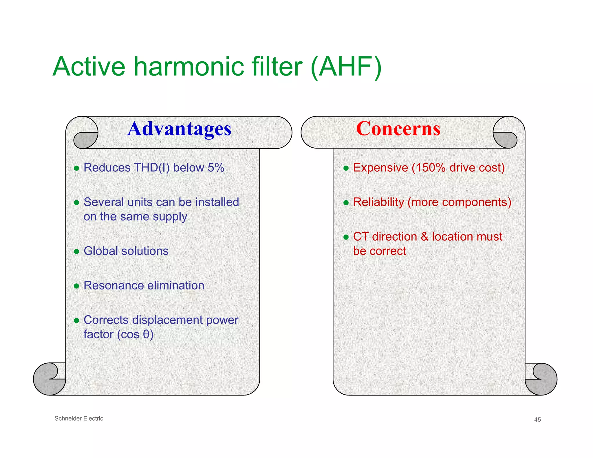 Active harmonic filter (AHF)
Advantages Concerns
● Reduces THD(I) below 5%
● Several units can be installed
on the same supply
● Expensive (150% drive cost)
● Reliability (more components)
Schneider Electric 45
● Global solutions
● Resonance elimination
● Corrects displacement power
factor (cos θ)
● CT direction & location must
be correct
 