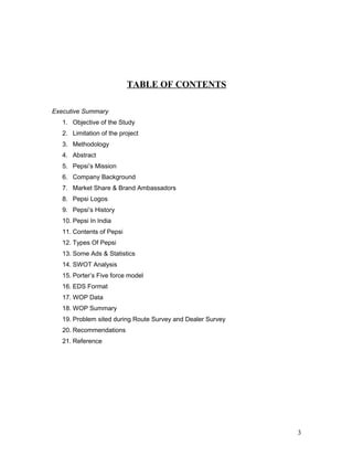 TABLE OF CONTENTS
Executive Summary
1. Objective of the Study
2. Limitation of the project
3. Methodology
4. Abstract
5. P...