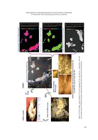 PROCEEDINGS OF SUNDALAND RESOURCES 2014 MGEI ANNUAL CONVENTION
17-18 November 2014, Palembang, South Sumatra, Indonesia
351
Figure10.SEIimage,arealanalysisofX-raymappingofAu,AgandCu,polarizingandore
microscopicviewsofTAM-01SamplecollectedfromKwinthonzettit,EastofKwinthonze
 