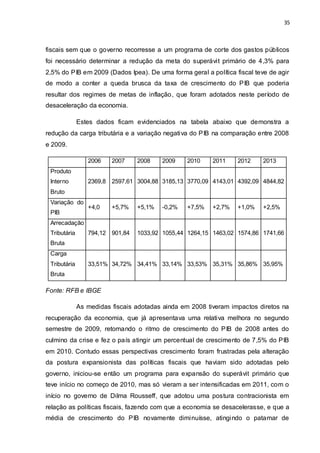 35
fiscais sem que o governo recorresse a um programa de corte dos gastos públicos
foi necessário determinar a redução da meta do superávit primário de 4,3% para
2,5% do PIB em 2009 (Dados Ipea). De uma forma geral a política fiscal teve de agir
de modo a conter a queda brusca da taxa de crescimento do PIB que poderia
resultar dos regimes de metas de inflação, que foram adotados neste período de
desaceleração da economia.
Estes dados ficam evidenciados na tabela abaixo que demonstra a
redução da carga tributária e a variação negativa do PIB na comparação entre 2008
e 2009.
2006 2007 2008 2009 2010 2011 2012 2013
Produto
Interno
Bruto
2369,8 2597,61 3004,88 3185,13 3770,09 4143,01 4392,09 4844,82
Variação do
PIB
+4,0 +5,7% +5,1% -0,2% +7,5% +2,7% +1,0% +2,5%
Arrecadação
Tributária
Bruta
794,12 901,84 1033,92 1055,44 1264,15 1463,02 1574,86 1741,66
Carga
Tributária
Bruta
33,51% 34,72% 34,41% 33,14% 33,53% 35,31% 35,86% 35,95%
Fonte: RFB e IBGE
As medidas fiscais adotadas ainda em 2008 tiveram impactos diretos na
recuperação da economia, que já apresentava uma relativa melhora no segundo
semestre de 2009, retomando o ritmo de crescimento do PIB de 2008 antes do
culmino da crise e fez o país atingir um percentual de crescimento de 7,5% do PIB
em 2010. Contudo essas perspectivas crescimento foram frustradas pela alteração
da postura expansionista das políticas fiscais que haviam sido adotadas pelo
governo, iniciou-se então um programa para expansão do superávit primário que
teve início no começo de 2010, mas só vieram a ser intensificadas em 2011, com o
início no governo de Dilma Rousseff, que adotou uma postura contracionista em
relação as políticas fiscais, fazendo com que a economia se desacelerasse, e que a
média de crescimento do PIB novamente diminuísse, atingindo o patamar de
 