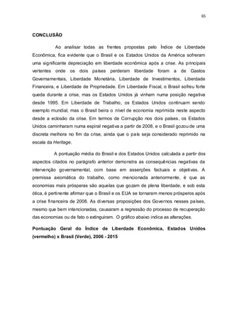 65
CONCLUSÃO
Ao analisar todas as frentes propostas pelo Índice de Liberdade
Econômica, fica evidente que o Brasil e os Estados Unidos da América sofreram
uma significante depreciação em liberdade econômica após a crise. As principais
vertentes onde os dois países perderam liberdade foram a de Gastos
Governamentais, Liberdade Monetária, Liberdade de Investimentos, Liberdade
Financeira, e Liberdade de Propriedade. Em Liberdade Fiscal, o Brasil sofreu forte
queda durante a crise, mas os Estados Unidos já vinham numa posição negativa
desde 1995. Em Liberdade de Trabalho, os Estados Unidos continuam sendo
exemplo mundial, mas o Brasil beira o nível de economia reprimida neste aspecto
desde a eclosão da crise. Em termos de Corrupção nos dois países, os Estados
Unidos caminharam numa espiral negativa a partir de 2008, e o Brasil gozou de uma
discreta melhora no fim da crise, ainda que o país seja considerado reprimido na
escala da Heritage.
A pontuação média do Brasil e dos Estados Unidos calculada a partir dos
aspectos citados no parágrafo anterior demonstra as consequências negativas da
intervenção governamental, com base em asserções factuais e objetivas. A
premissa axiomática do trabalho, como mencionada anteriormente, é que as
economias mais prósperas são aquelas que gozam de plena liberdade, e sob esta
ótica, é pertinente afirmar que o Brasil e os EUA se tornaram menos prósperos após
a crise financeira de 2008. As diversas proposições dos Governos nesses países,
mesmo que bem intencionadas, causaram a regressão do processo de recuperação
das economias ou de fato o extinguiram. O gráfico abaixo indica as alterações.
Pontuação Geral do Índice de Liberdade Econômica, Estados Unidos
(vermelho) x Brasil (Verde), 2006 - 2015
 