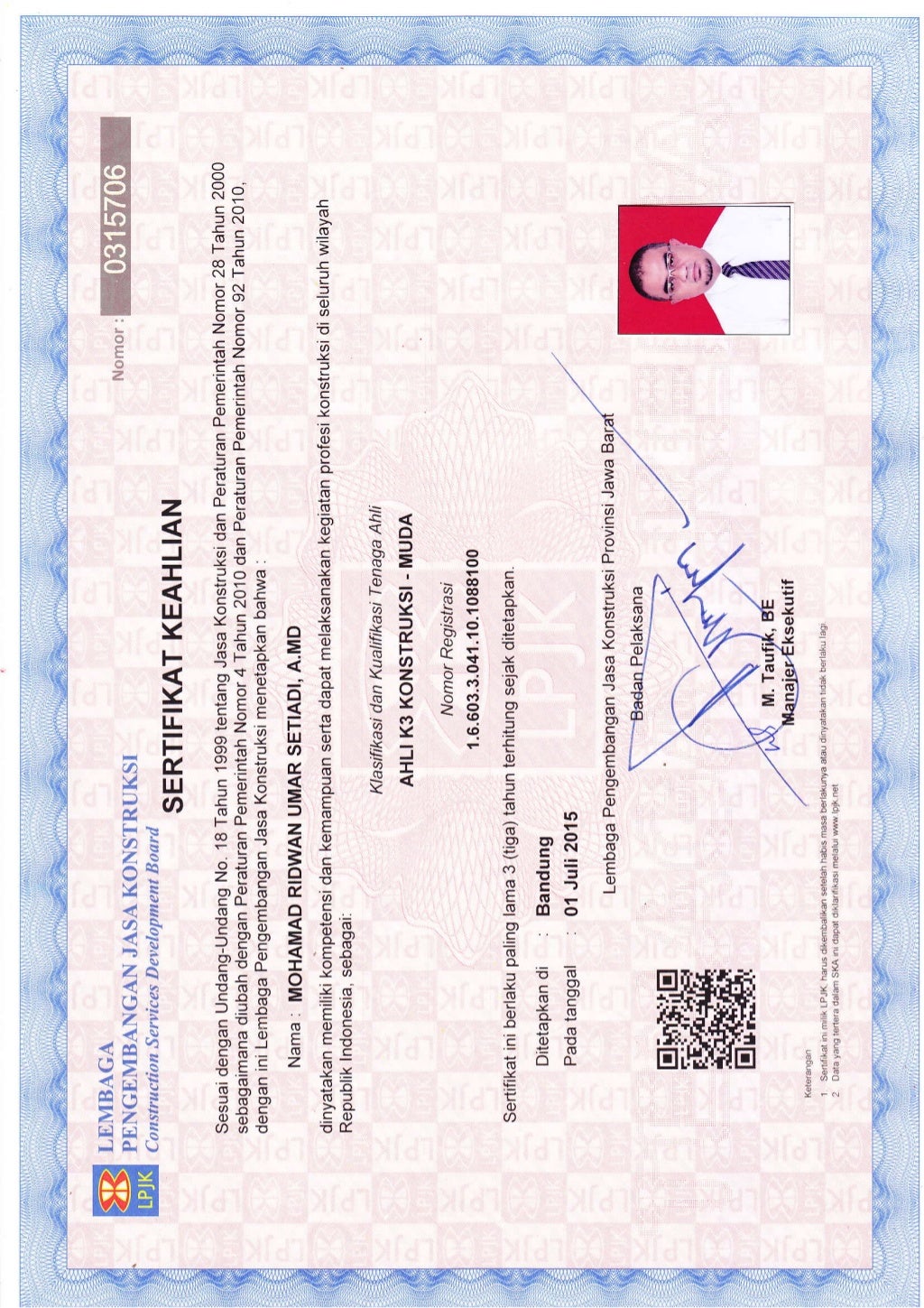 SKA Ahli K3 Konstruksi-Muda a.n. M.Ridwan U.S.
