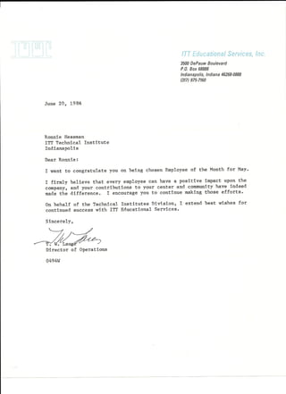 ITT 1986 Corp Letter Employee of Month
