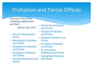 Find out if PO will be
verifying employment
and how
-phone call, visit?
 Barre Probation and
Parole
 Bennington Probation
and Parole
 Brattleboro Probation
and Parole
 Burlington Probation
and Parole
 Hartford Probation and
Parole
 Morrisville Probation
and Parole
 Newport Probation
and Parole
 Rutland Probation and
Parole
 St. Albans Probation
and Parole
 St. Johnsbury
Probation and Parole
 Springfield Probation
and Parole
Probation and Parole Offices
 