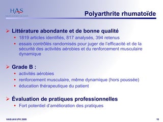 Polyarthrite rhumatoïde Littérature abondante et de bonne qualité 1819 articles identifiés, 817 analysés, 394 retenus essais contrôlés randomisés pour juger de l’efficacité et de la sécurité des activités aérobies et du renforcement musculaire dynamique Grade B :  activités aérobies renforcement musculaire, même dynamique (hors poussée) éducation thérapeutique du patient Évaluation de pratiques professionnelles Fort potentiel d’amélioration des pratiques 
