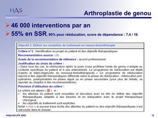 Arthroplastie de genou 46 000 interventions par an 55% en SSR , 90% pour rééducation, score de dépendance : 7,4 / 16   