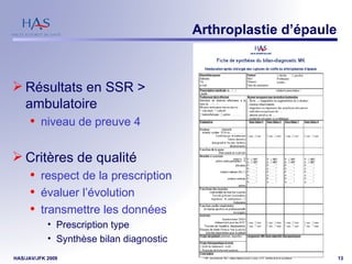 Arthroplastie d’épaule Résultats en SSR > ambulatoire  niveau de preuve 4 Critères de qualité respect de la prescription évaluer l’évolution transmettre les données Prescription type Synthèse bilan diagnostic 