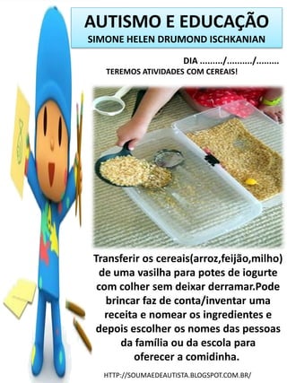 AUTISMO E EDUCAÇÃO
SIMONE HELEN DRUMOND ISCHKANIAN
DIA ........./........../.........
TEREMOS ATIVIDADES COM CEREAIS!

Transferir os cereais(arroz,feijão,milho)
de uma vasilha para potes de iogurte
com colher sem deixar derramar.Pode
brincar faz de conta/inventar uma
receita e nomear os ingredientes e
depois escolher os nomes das pessoas
da família ou da escola para
oferecer a comidinha.
HTTP://SOUMAEDEAUTISTA.BLOGSPOT.COM.BR/

 