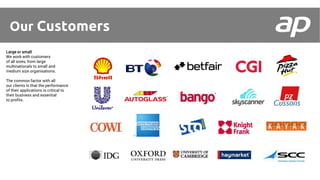 Some of our Customers
Our Customers
Large or small
We work with customers
of all sizes, from large
multinationals to small and
medium size organisations.
The common factor with all
our clients is that the performance
of their applications is critical to
their business and essential
to profits.
 